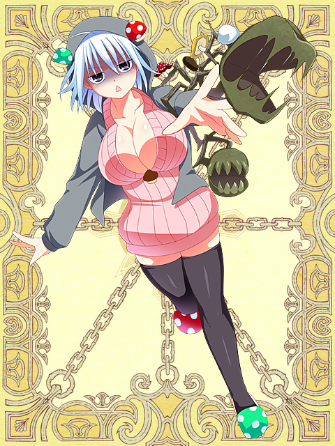 1girl, black_eyes, black_thighhighs, breasts, cleavage, food-themed_hair_ornament, full_body, grey_jacket