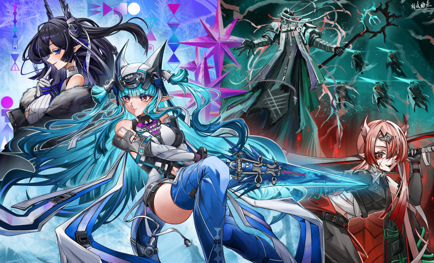 3girls, 6+others, absurdres, arknights, arknights:_endfield, bare_shoulders, black_hair, blue_eyes