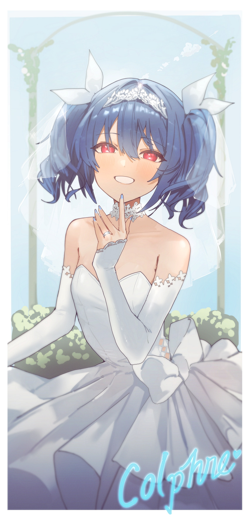 1girl, absurdres, alternate_costume, blue_hair, blue_nails, bow, bridal_gauntlets, character_name