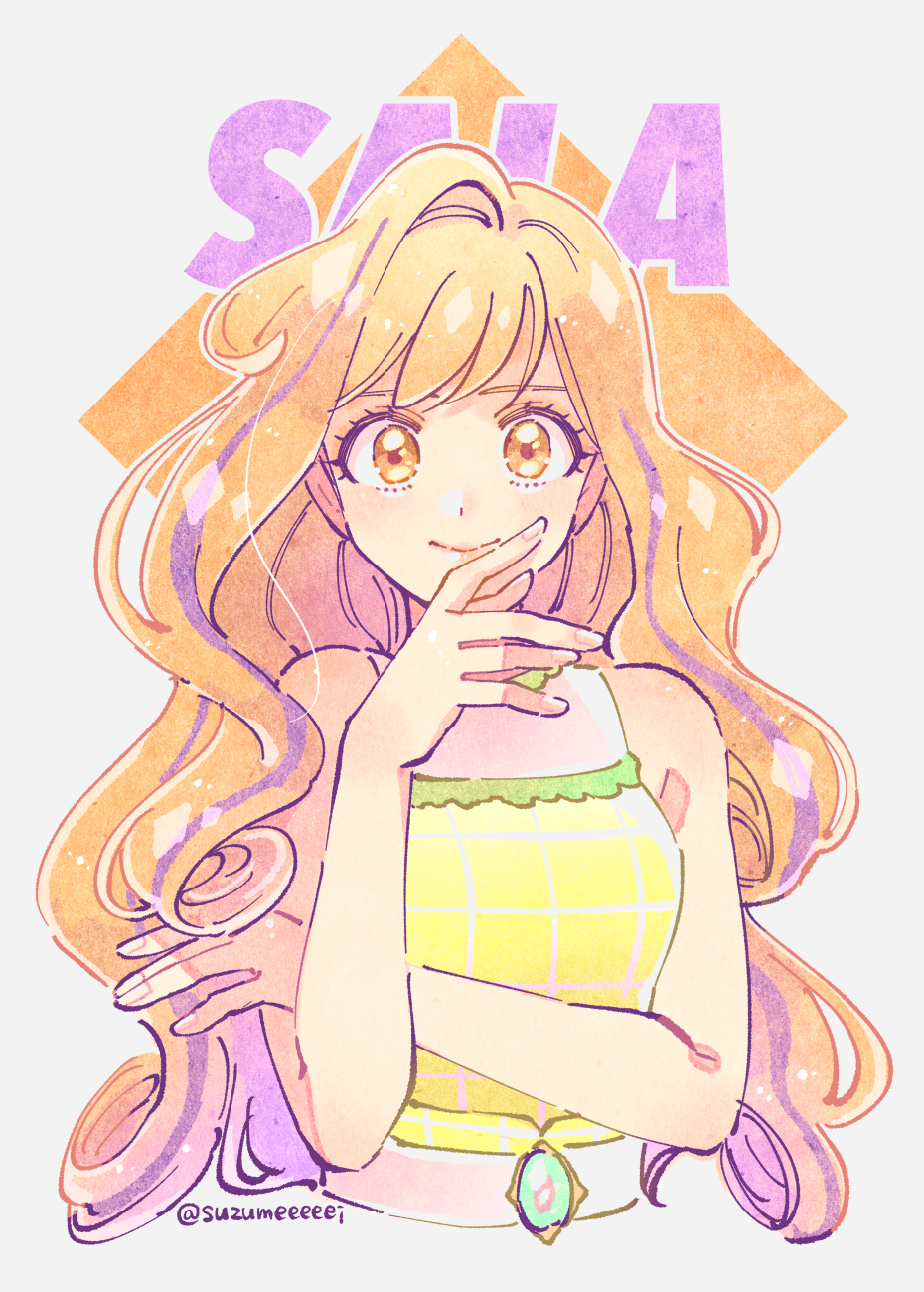 1girl, aikatsu!_(series), aikatsu_planet!, bare_shoulders, breasts, character_name, closed_mouth, commentary_request