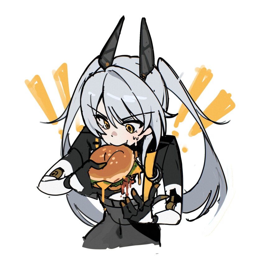 1girl, animal_ears, ar_at001, burger, commentary_request, covered_navel, eating, food