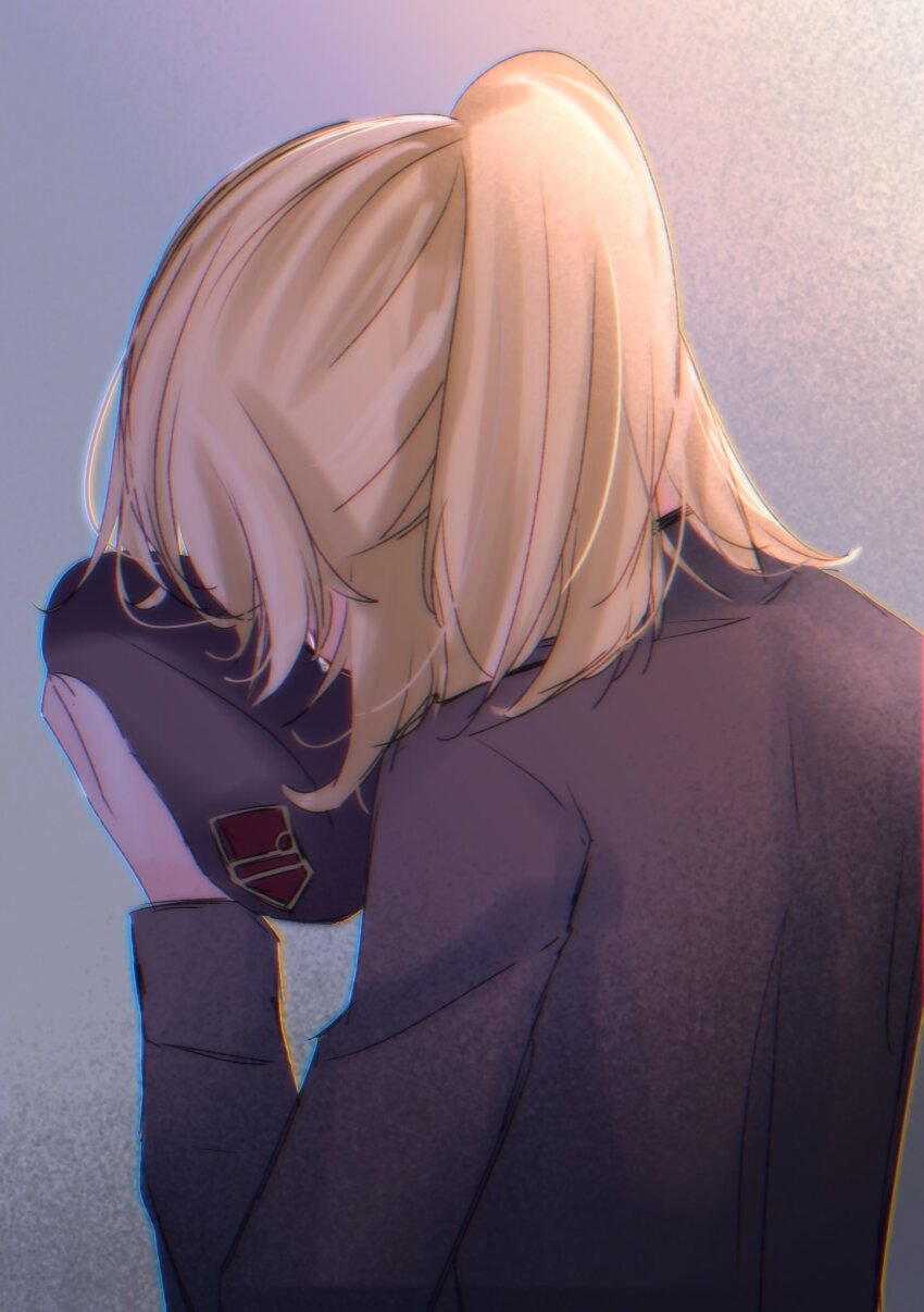 1girl, blonde_hair, commentary_request, from_behind, hat, heaven_burns_red, highres, military_uniform