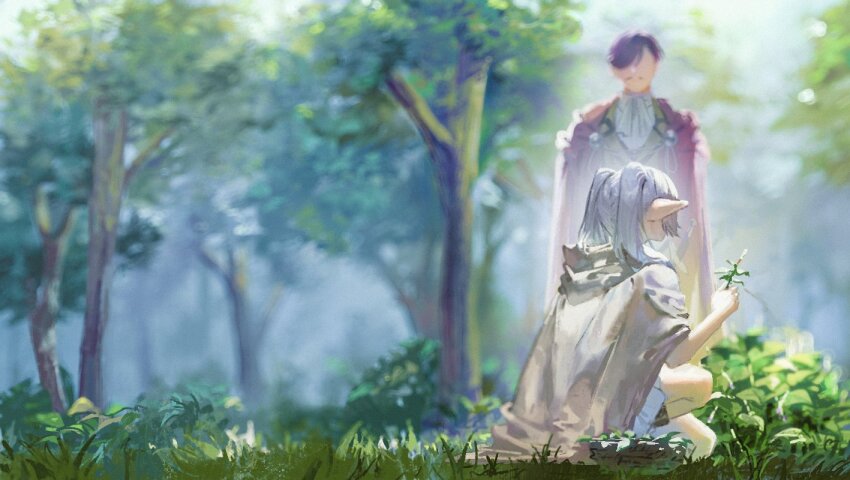 1boy, 1girl, blurry, blurry_background, cloak, dappled_sunlight, elf, faceless