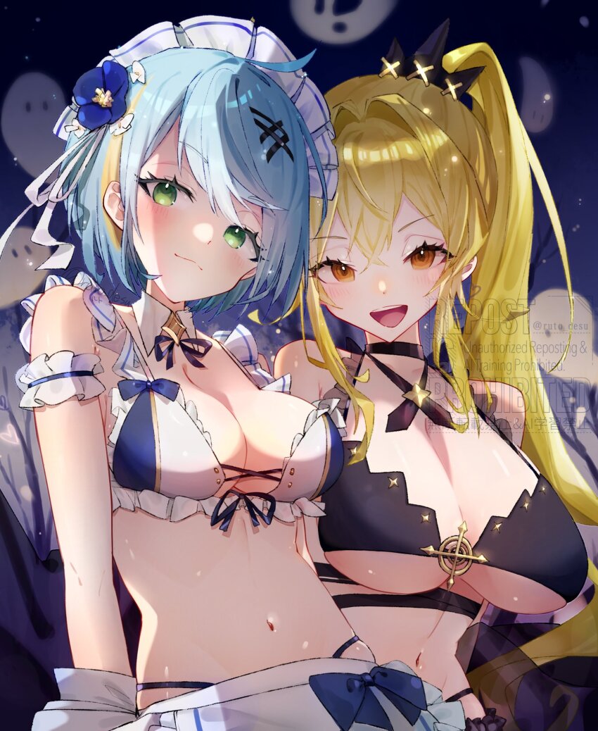 2girls, black_bra, black_choker, black_ribbon, blonde_hair, blue_bra, blue_flower, blue_hair