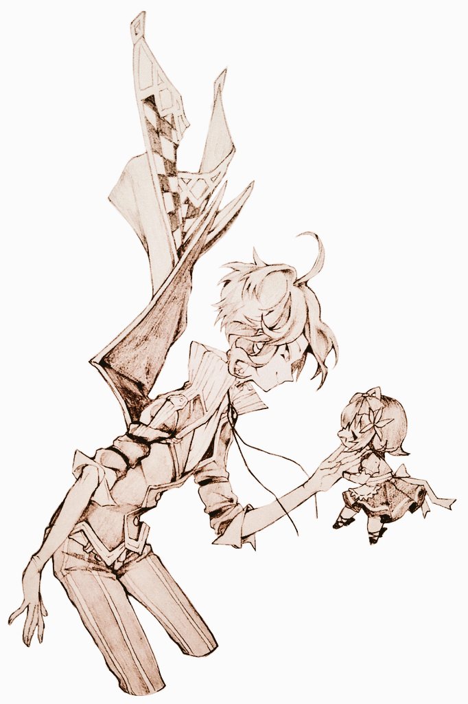 1boy, 1girl, ahoge, apron, chibi, closed_eyes, cowboy_shot, flower