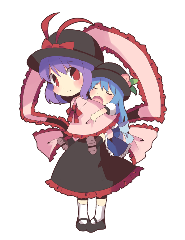 2girls, aged_down, blue_hair, blush, carrying, chibi, child, closed_eyes