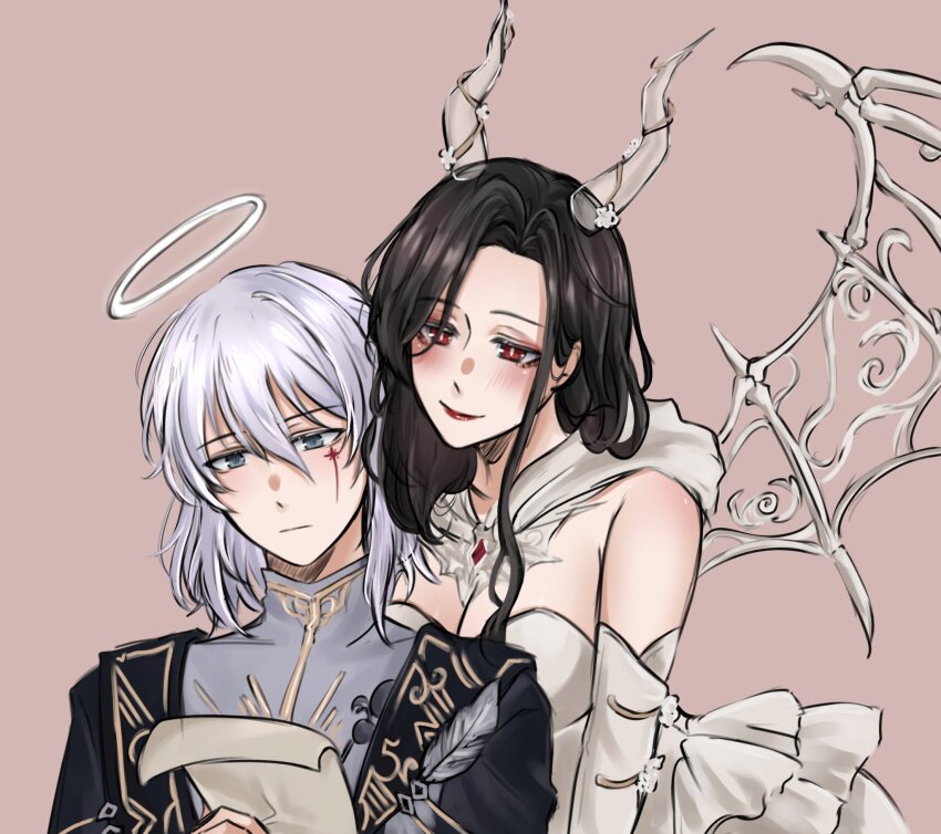 1boy, 1girl, angel_and_devil, bare_shoulders, black_hair, black_robe, blue_eyes, breasts