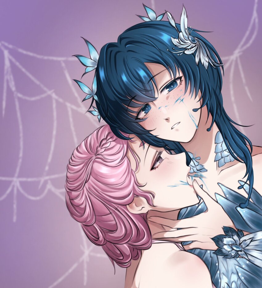 1boy, 1girl, androgynous, backlighting, bare_shoulders, biting, blood, blood_on_chest