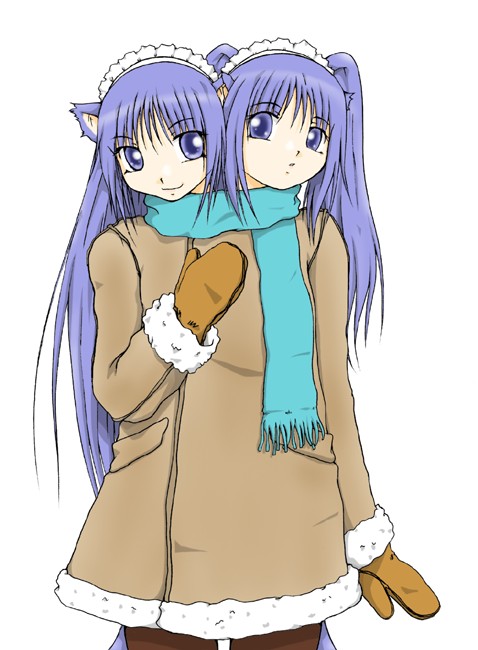 agent_orange, animal_ears, blue_hair, cat_ears, coat, conjoined, gloves, long_hair, multiple_heads, multiple_tails, nene_koko, scarf, tail, what, winter, winter_clothes, winter_coat