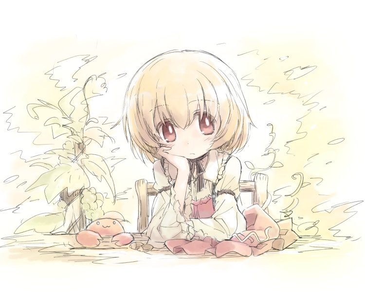 1girl, :3, acorn, aki_minoriko, aki_shizuha, aki_shizuha_(crab), arm_rest, black_ribbon