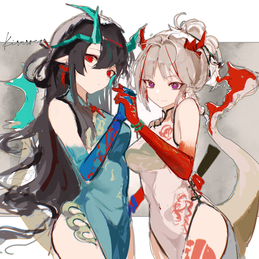 2girls, absurdres, aqua_dress, aqua_hair, arknights, artist_name, bare_shoulders, beads