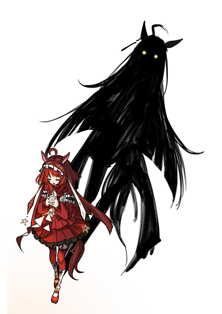 2girls, absurdres, ahoge, animal_ears, ark_koiz35, black_dress, black_trim, closed_eyes, commentary, dress, ear_ornament, ear_tag, earrings, frilled_hairband, frills, garter_straps, glowing, glowing_eyes, hairband, highres, horror_(theme), horse_ears, horse_girl, horse_tail, jewelry, layered_dress, long_hair, long_sleeves, manhattan_cafe_(umamusume), multiple_girls, open_mouth, own_hands_clasped, own_hands_together, red_desire_(umamusume), red_dress, red_hairband, red_shoes, red_thighhighs, shadow, shoes, simple_background, single_earring, smile, socks, tail, thighhighs, umamusume, very_long_hair, white_background, white_socks, yellow_eyes