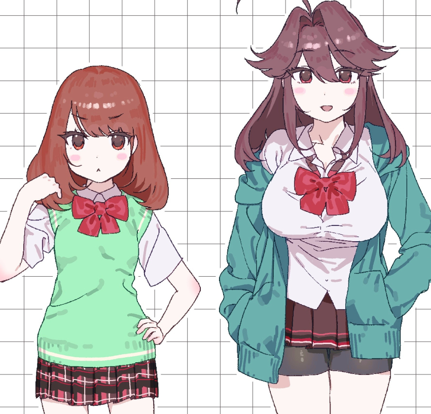 2girls, ahoge, alternate_costume, bow, breasts, brown_eyes, chara_(facing_demons), chara_(undertale)