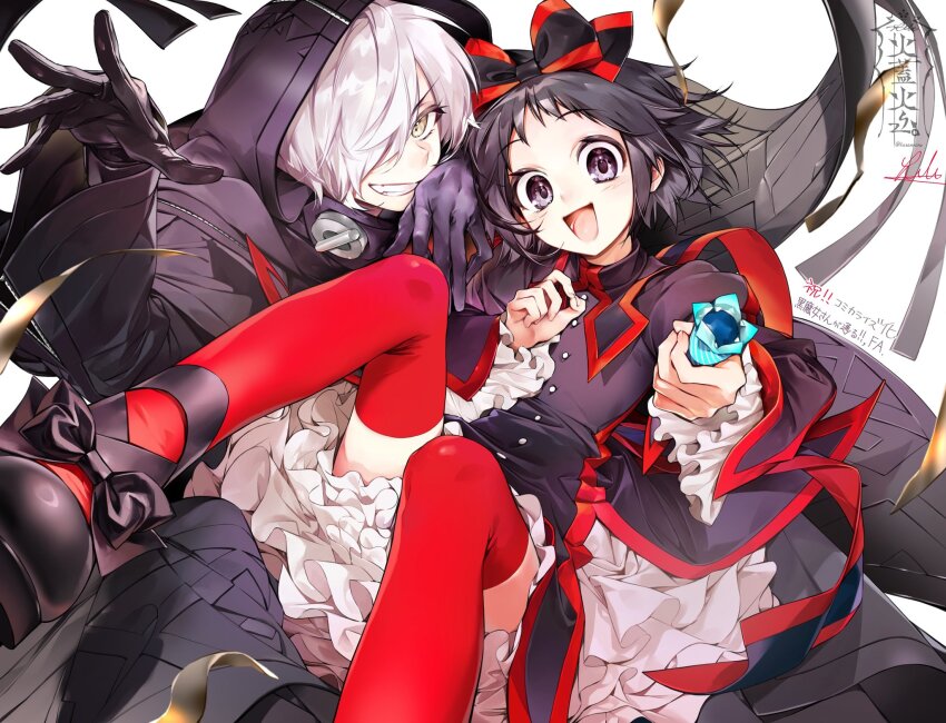 2girls, :d, black_dress, black_gloves, black_hair, black_shoes, bow, cloak