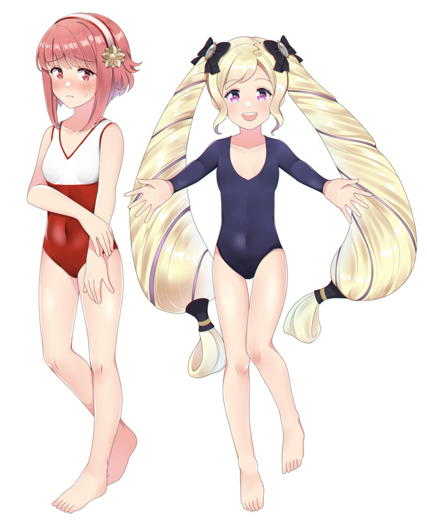 2girls, alternate_costume, athletic_leotard, black_bow, blonde_hair, bow, commission, elise_(fire_emblem), fire_emblem, fire_emblem_fates, hair_bow, hairband, highres, leotard, looking_at_viewer, mint_frappee, multicolored_hair, multiple_girls, nintendo, pink_eyes, pink_hair, purple_eyes, purple_hair, sakura_(fire_emblem), second-party_source, streaked_hair