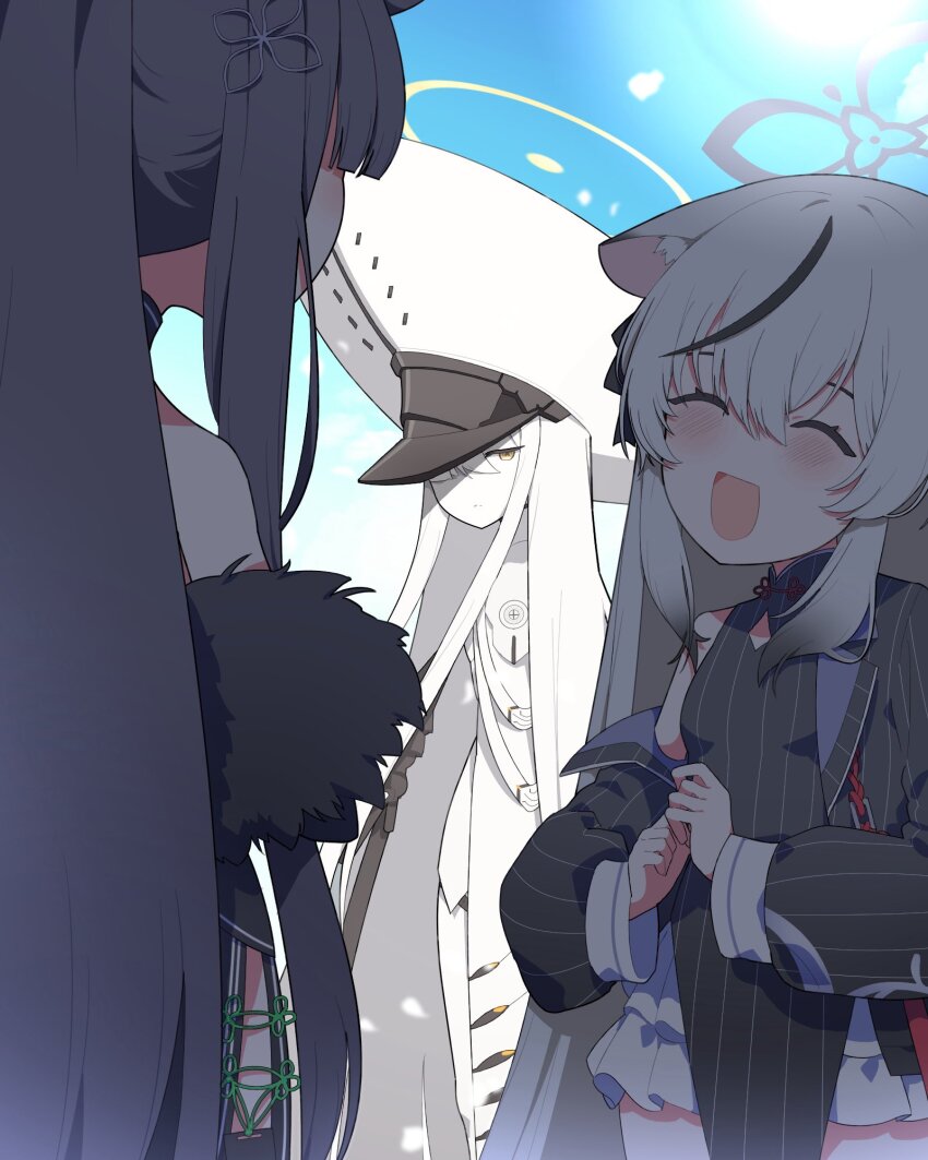 3girls, akimaru_m, animal_ear_fluff, animal_ears, black_dress, black_hair, blue_archive, breasts