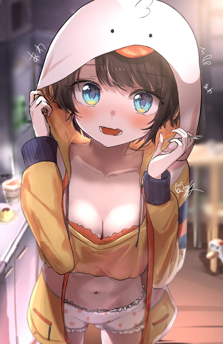 1girl, bloomers, blue_eyes, blurry, blurry_background, blush, bra, bra_peek, breasts, brown_hair, cleavage, commentary_request, cowboy_shot, cropped_shirt, depth_of_field, duck_hood, embarrassed, fidgeting, flying_sweatdrops, food, highres, holding, holding_spoon, hololive, hood, hood_up, hooded_jacket, indoors, jacket, kitchen, leaning_forward, long_sleeves, looking_at_viewer, loungewear, medium_breasts, multicolored_jacket, nekono_rion, official_alternate_costume, oozora_subaru, oozora_subaru_(loungewear), orange_bra, polka_dot, polka_dot_bloomers, pudding, shirt, short_hair, solo, spoon, subaru_duck, swept_bangs, underwear, virtual_youtuber, wavy_mouth, white_bloomers, white_jacket, yellow_jacket, yellow_shirt