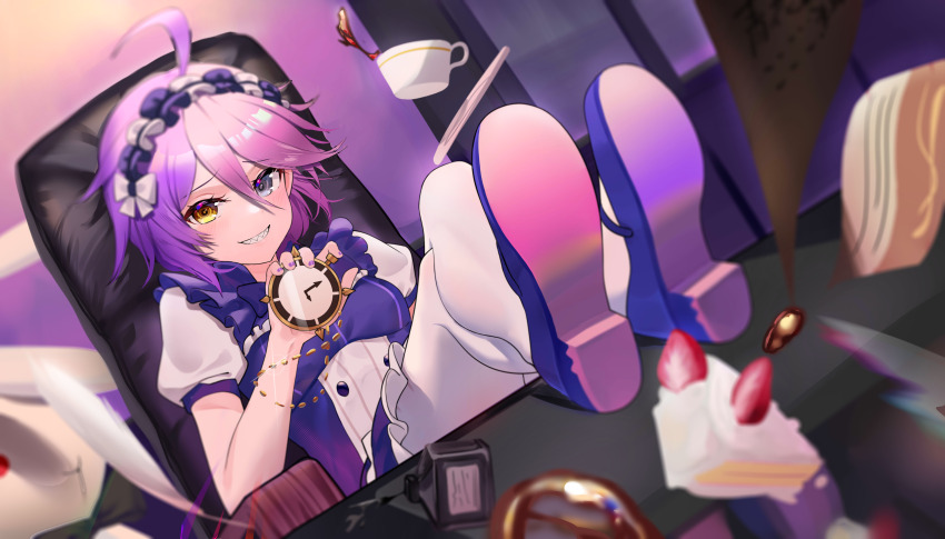 1girl, :d, absurdres, ahoge, cake, cake_slice, chair, chinese_commentary