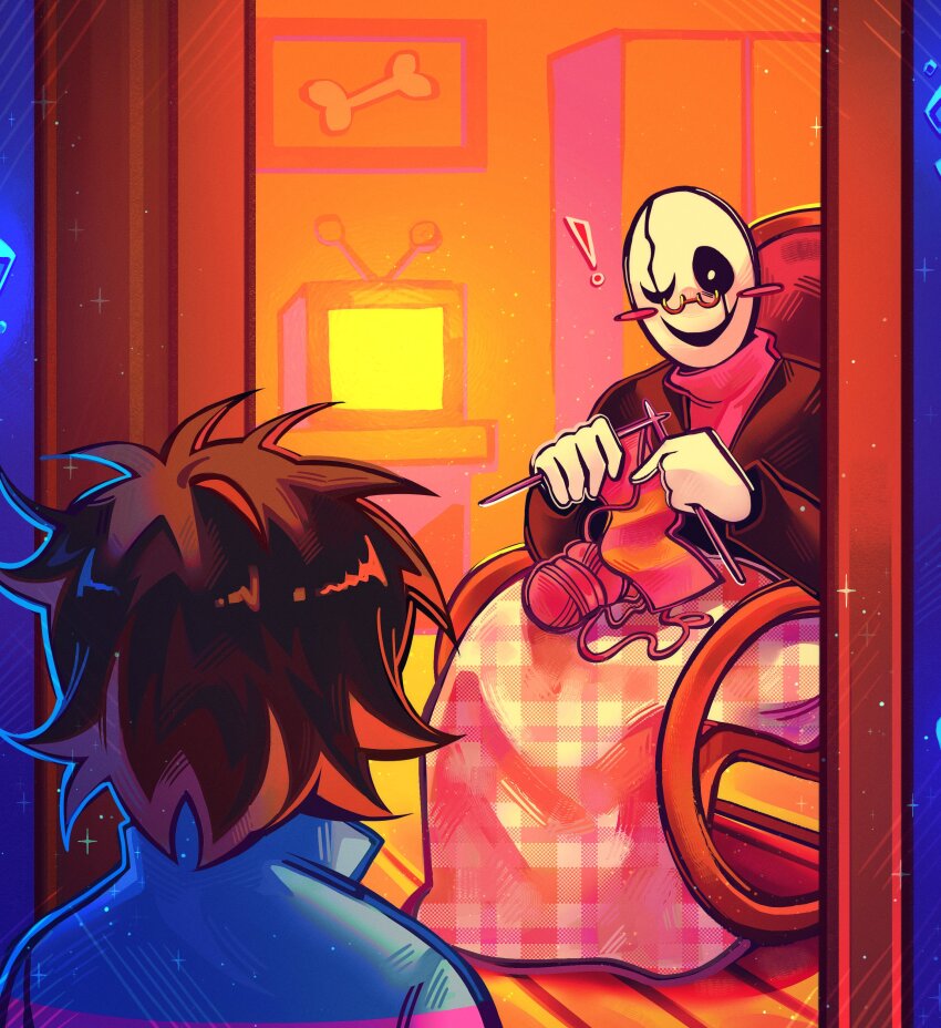 1boy, 1other, absurdres, androgynous, black_sclera, blue_sweater, blush_stickers, brown_hair