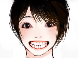 1girl, black_eyes, black_hair, commentary_request, deathforest_kyoufu_no_mori, grin, kimura_yoshie, kirika_1206, looking_at_viewer, lowres, portrait, simple_background, smile, solo, white_background