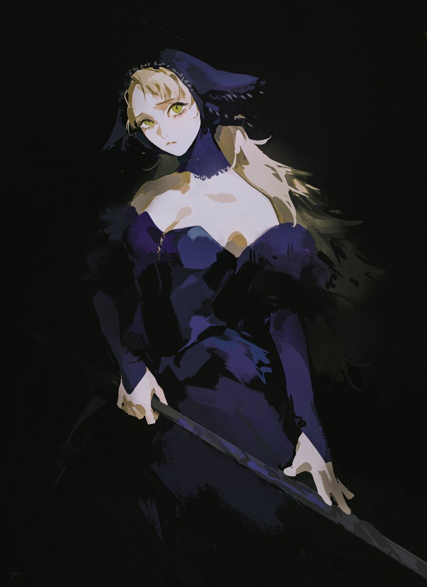 absurdres, bare_shoulders, black_dress, blonde_hair, breasts, cleavage, collarbone, commentary