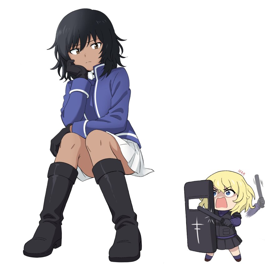 absurdres, andou_(girls_und_panzer), bc_freedom_military_uniform, black_hair, blonde_hair, blue_eyes, blue_vest, brown_eyes