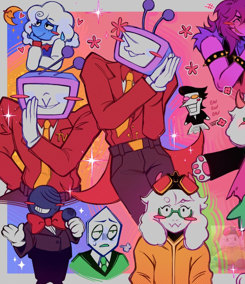 absurdres, animal_ears, ant_tenna, black_hair, black_pants, blue_skin, blush_stickers, bow