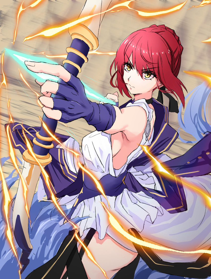 1girl, absurdres, aiming, ancient_greek_clothes, armpits, ass, bare_shoulders, bow, bow_(weapon), braid, breasts, commentary_request, dress, fate/strange_fake, fate_(series), finger_to_mouth, fingerless_gloves, garter_straps, gloves, greco-roman_clothes, hair_bun, hair_ribbon, highres, hippolyta_(fate), holding, holding_bow_(weapon), holding_weapon, kalion_(fate), large_breasts, looking_at_viewer, medium_hair, notonaon, purple_bow, purple_gloves, red_hair, ribbon, sideboob, solo, weapon, white_dress, yellow_eyes