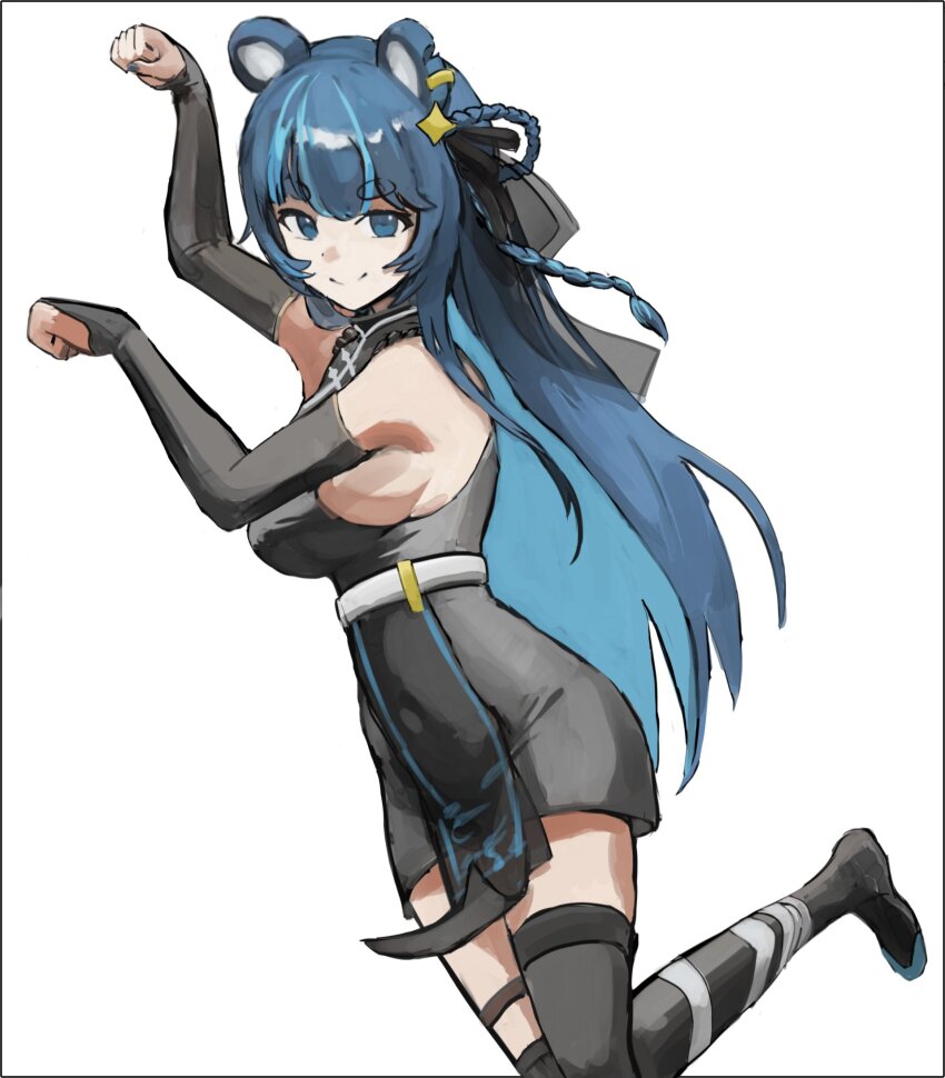 >:), 1girl, animal_ears, bare_shoulders, bear_ears, black_border, black_dress, black_thighhighs