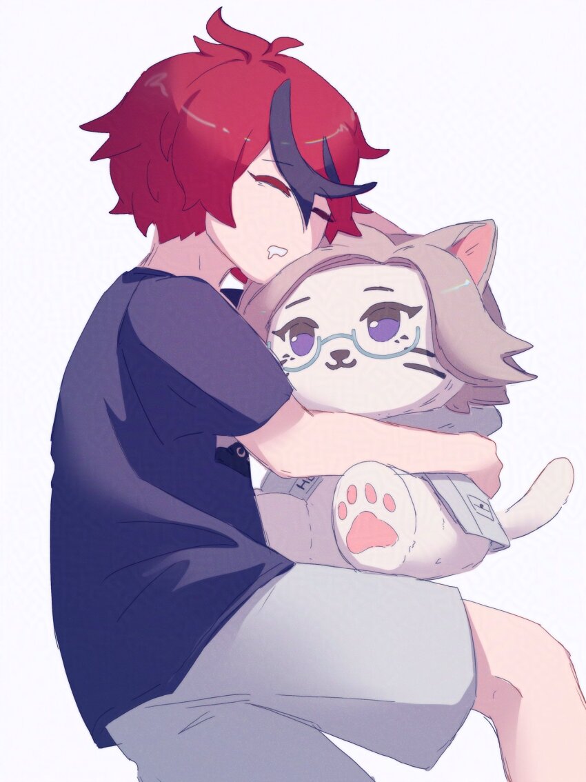 1boy, aged_down, ahoge, animalization, aotsuki_eito, black_shirt, black_streaks, character_doll