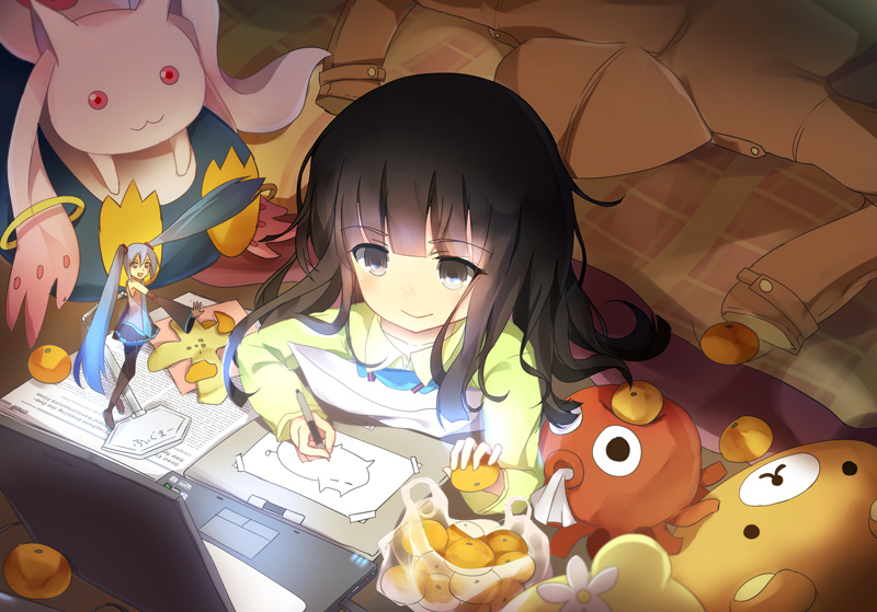 10s, 2girls, :3, bison_cangshu, blush, brown_hair, child, computer