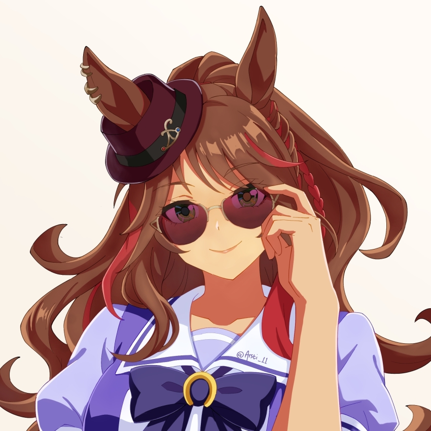 1girl, animal_ears, arsti_11, bow, bowtie, braid, breasts, brown_hair