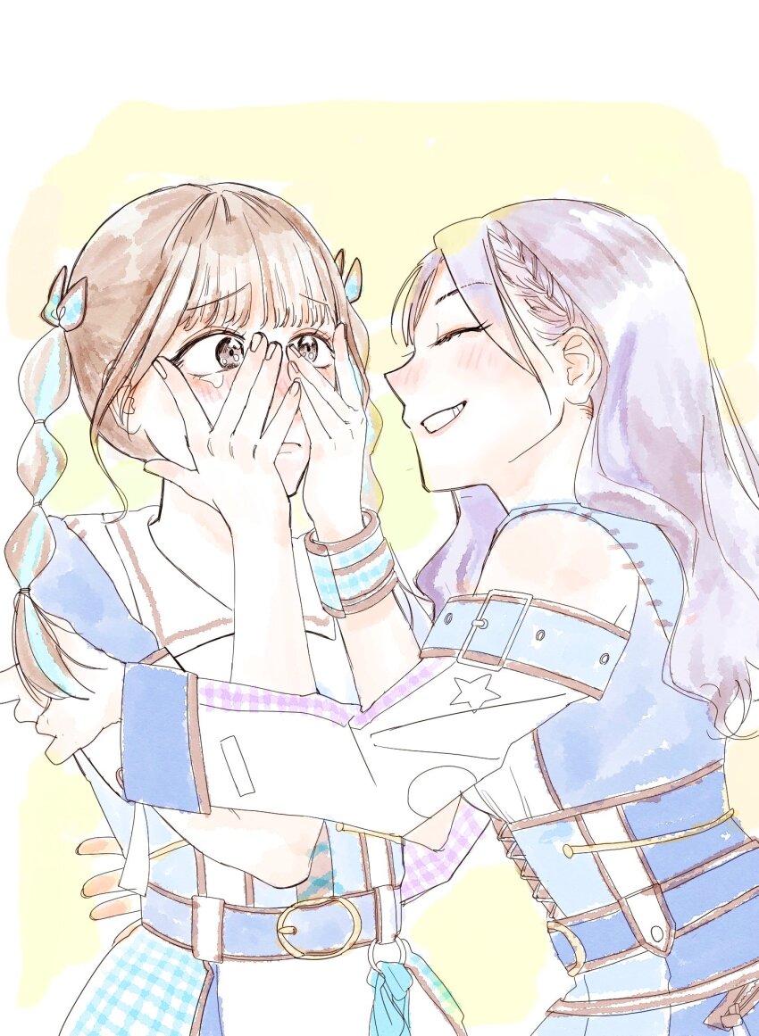 2girls, animification, armpit_crease, bare_shoulders, blue_streaks, brown_hair, closed_eyes, clothing_cutout, commentary_request, crying, crying_with_eyes_open, grin, highres, hug, liella!_7th_lovelive!_~fly!_music_world~, long_hair, love_live!, love_live!_superstar!!, multi-tied_hair, multicolored_hair, multiple_girls, open_the_gate!!!_(love_live!), peeking_through_fingers, profile, purple_hair, real_life, sakakura_sakura, sayokokoshi, shoulder_cutout, smile, streaked_hair, tears, twintails, voice_actor, wavy_hair, yellow_background, yuina_(voice_actor)