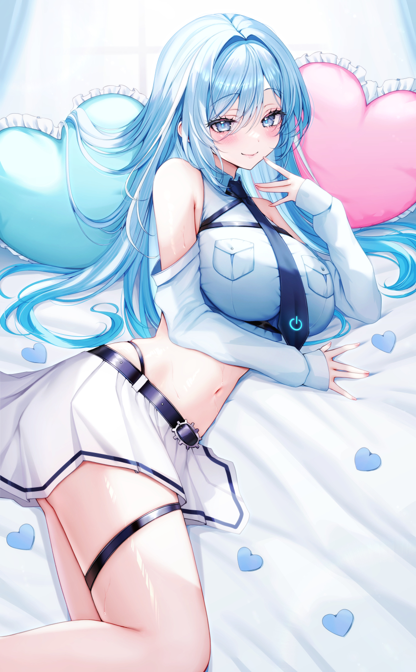 1girl, absurdres, bare_shoulders, bed, bed_sheet, belt, black_belt, black_necktie