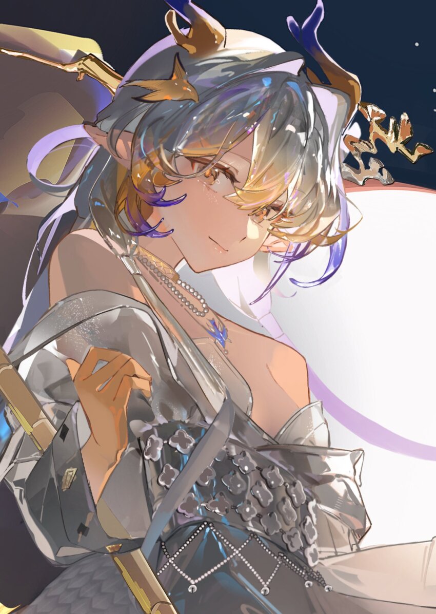 1girl, agaaru_chan, bare_shoulders, commentary, dragon_girl, english_commentary, gloves, gold_choker