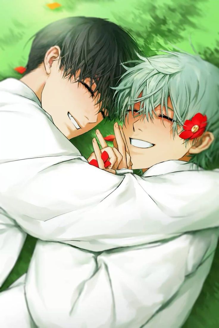 alien_stage, black_hair, closed_eyes, fang, flower, flower_petals, grass, grey_hair