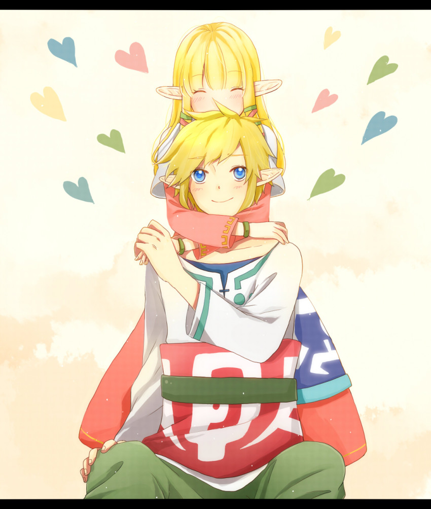 1boy, 1girl, blonde_hair, blue_eyes, blush, bracelet, couple, holding_hands, heart, hetero, highres, hug, jewelry, karury, letterboxed, link, long_hair, nintendo, pointy_ears, princess_zelda, smile, the_legend_of_zelda, the_legend_of_zelda:_skyward_sword