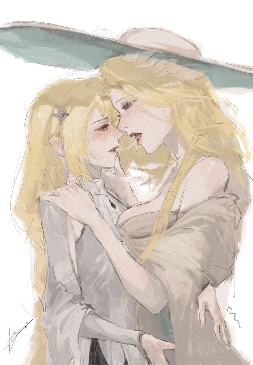 2girls, after_kiss, blonde_hair, choryu_desu, commentary_request, hat, highres, hypatia_(path_to_nowhere)