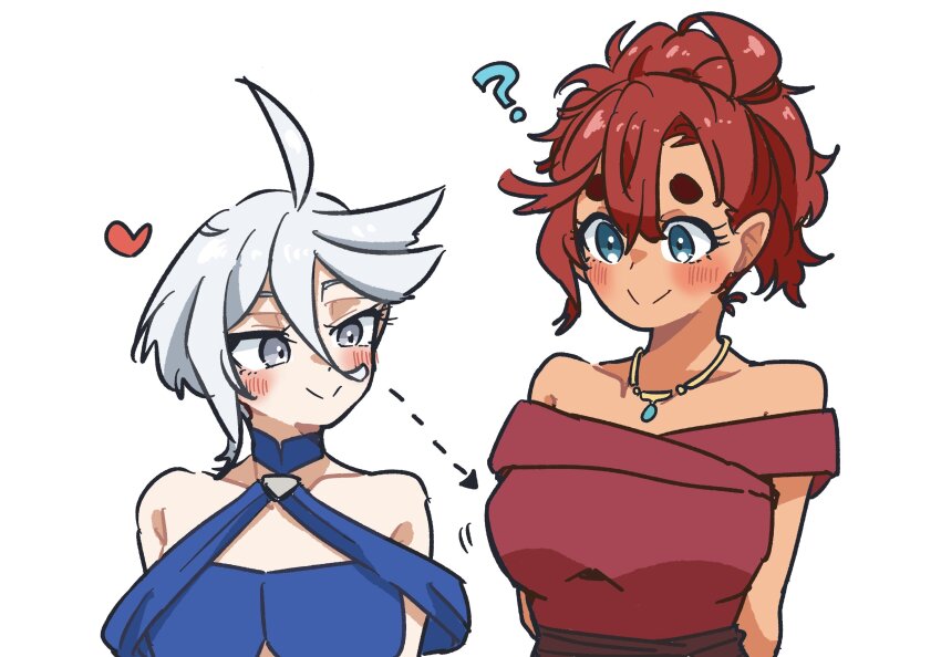 2girls, ?, absurdres, arrow_(symbol), bare_shoulders, be_go_ichi, blue_dress, blue_eyes