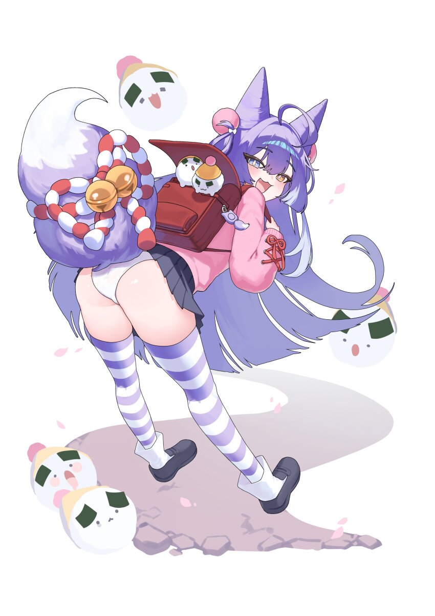 1girl, :3, absurdres, ahoge, ass, backpack, bag, bent_over