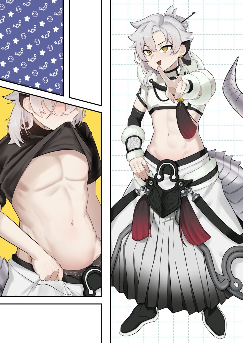 1boy, abs, arm_warmers, black_arm_warmers, black_shirt, black_shoes, blush, cape