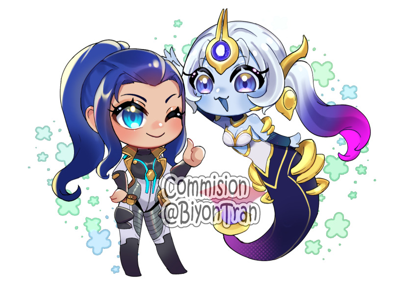 2girls, armored_bodysuit, biyon_tran, blue_eyes, blue_hair, blue_skin, bodysuit, breasts