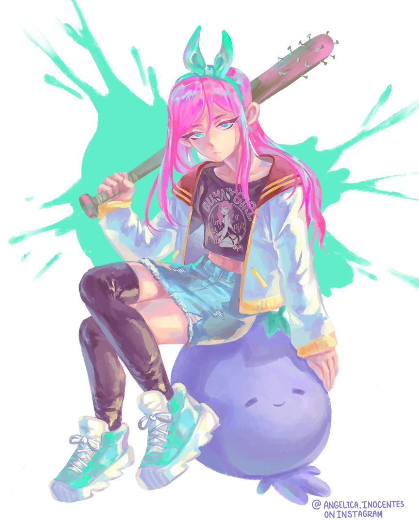 1girl, adapted_costume, aqua_eyes, arm_at_side, arm_support, artsyinnocence, aubrey_(faraway)_(omori), aubrey_(omori)