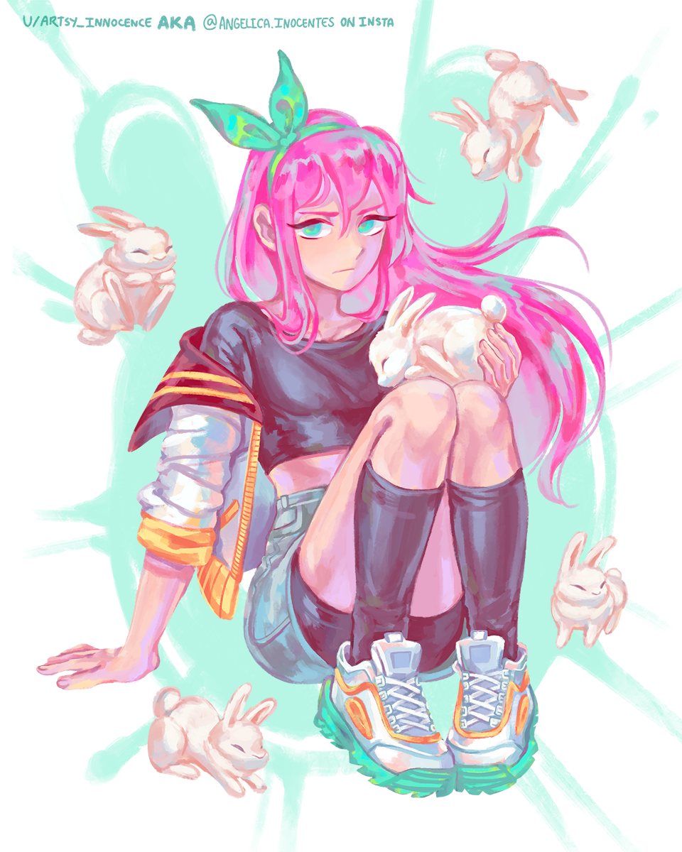 1girl, animal, aqua_background, aqua_eyes, arm_at_side, arm_support, artsyinnocence, aubrey_(faraway)_(omori), aubrey_(omori), bike_shorts, bike_shorts_under_shorts, black_shirt, blue_shorts, bow_hairband, breasts, brown_sailor_collar, closed_mouth, collarbone, colored_shoe_soles, commentary, denim, denim_shorts, double-parted_bangs, english_commentary, forest_bunny_(omori), frown, full_body, green_hairband, hair_between_eyes, hairband, hand_up, highres, holding, holding_animal, holding_rabbit, instagram_username, jacket, jacket_partially_removed, kneehighs, knees_up, long_hair, looking_at_viewer, midriff, omori, open_clothes, open_jacket, pigeon-toed, pink_hair, rabbit, reddit_username, sailor_collar, shirt, shoelaces, shoes, shorts, sidelocks, simple_background, sitting, small_breasts, sneakers, socks, solo, three-quarter_sleeves, two-tone_background, v-shaped_eyebrows, very_long_hair, white_background, white_jacket, white_rabbit_(animal), white_shoes