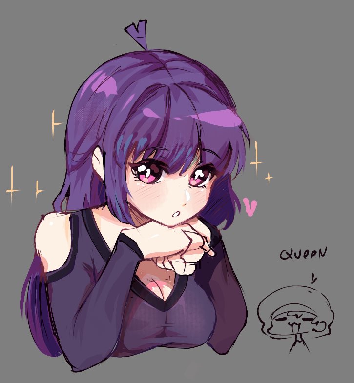 1girl, :o, animification, antenna_hair, bare_shoulders, breasts, bright_pupils, citrusflower25, cleavage, clothing_cutout, commentary, cropped_torso, english_commentary, english_text, from_above, grey_background, hair_between_eyes, hands_on_own_chin, head_rest, heart, lila_(spooky_month), long_hair, long_sleeves, looking_at_viewer, medium_breasts, own_hands_together, parted_lips, pink_eyes, purple_hair, shoulder_cutout, simple_background, solo, sparkle, spooky_month, swept_bangs, tareme, white_pupils