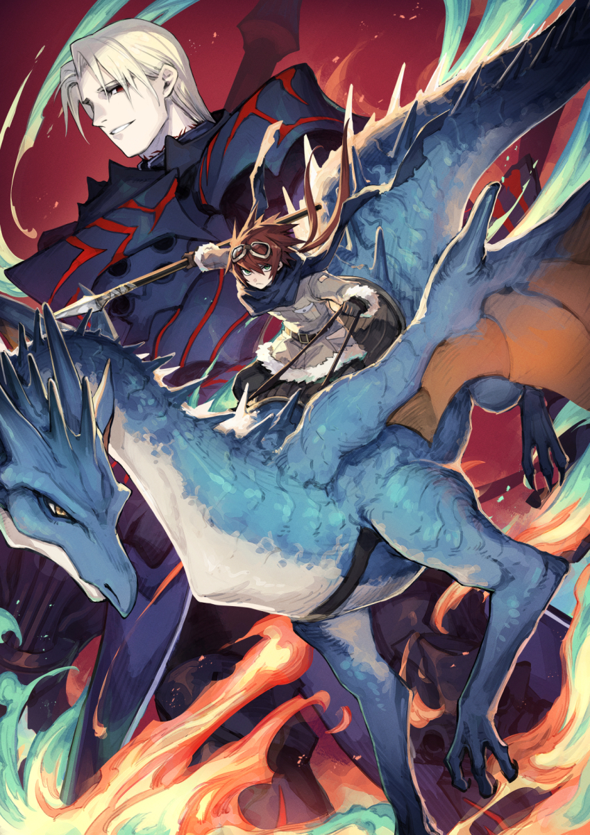 2boys, armor, black_armor, black_gloves, blonde_hair, blue_scales, blue_scarf, brown_hair, commentary_request, textless_cover_page, dragon, fur-trimmed_jacket, fur_trim, gloves, goggles, goggles_on_head, green_eyes, highres, holding, holding_polearm, holding_reins, holding_weapon, jacket, looking_at_viewer, mephisto_(angraecum), multiple_boys, neely_(yuushakei_ni_shosu), official_art, parted_lips, partiract_jayce, polearm, red_eyes, reins, rhyno_(yuushakei_ni_shosu), riding_dragon, scarf, short_hair, smile, spiked_hair, weapon, yuushakei_ni_shosu