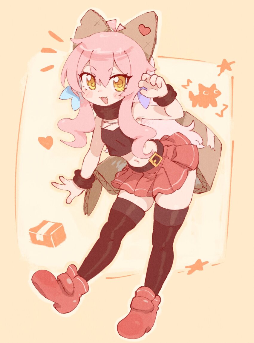 1girl, :3, :d, bare_shoulders, black_shirt, black_thighhighs, blush_stickers, borrowed_character