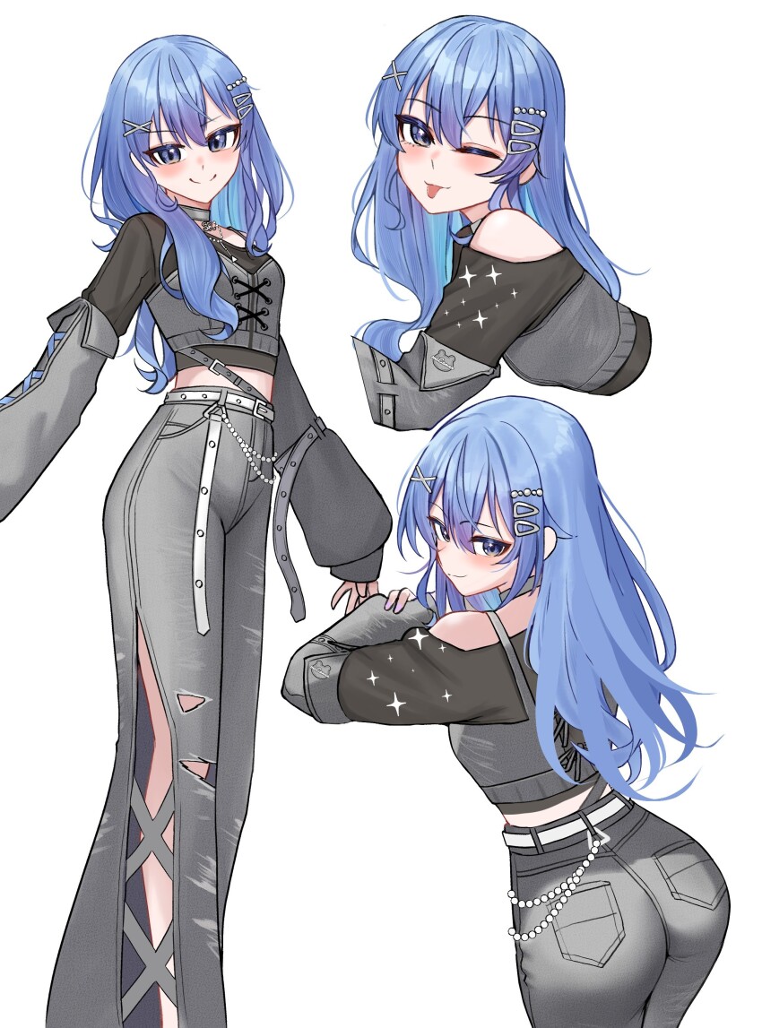 1girl, ;p, absurdres, ass, black_shirt, blue_eyes, blue_hair, chrispy_tuna