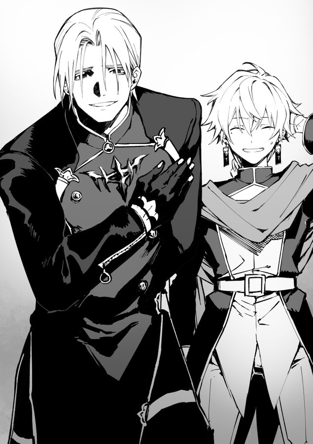 2boys, belt, bowing, butler_bowing, closed_eyes, commentary_request, earrings, gloves