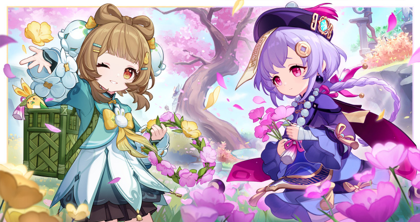 2girls, absurdres, brown_hair, commentary, english_commentary, genshin_impact, highres, long_hair, looking_at_viewer, multiple_girls, official_alternate_costume, official_art, orange_eyes, purple_hair, qiqi_(genshin_impact), red_eyes, smile, third-party_edit, vision_(genshin_impact), yaoyao_(genshin_impact), yaoyao_(rainlit_bamboo_reverie)_(genshin_impact), zombie